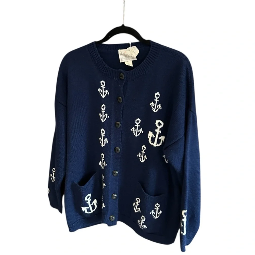 VINTAGE 90s MISO: Healthy to Wear Cotton Nautical Cardigan Sweater Navy M-L - Picture 9 of 9